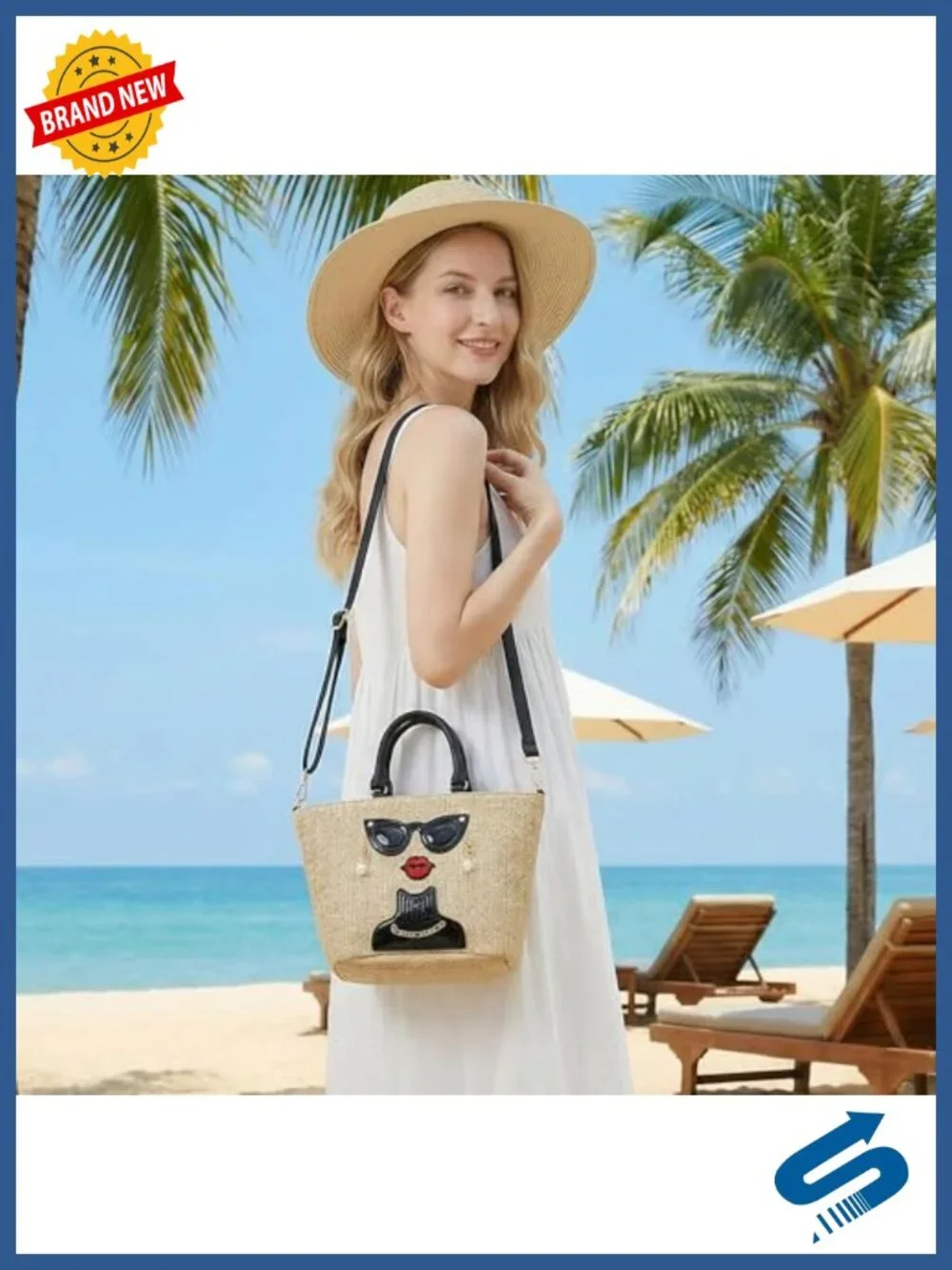 Funky Lady Face Straw Tote Bag Woven Top Handle Satchel Crossbody Purse